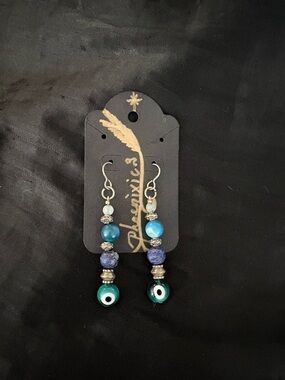 Lapis & Blue Agate Dangle Earrings with Evil Eye & Silver Accents by Phoenixic3